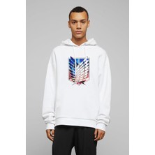 Qivi Anime Attack On Titan Baskılı Beyaz Erkek Örme Kapşonlu Sweatshirt Uzun Kol