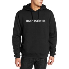 Qivi Iron Maiden Tour Powerslave Logo Müzik Baskılı Siyah Erkek Örme Kapşonlu Sweatshirt Uzun Kol
