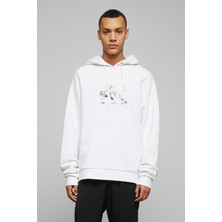Qivi Blue Eyes Cat Mavi Gözlü Sevimli Baskılı Beyaz Erkek Örme Kapşonlu Sweatshirt Uzun Kol
