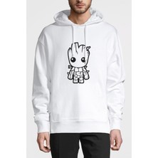 Qivi I Am Groot Baby Tekrenk Baskılı Beyaz Erkek Örme Kapşonlu Sweatshirt Uzun Kol