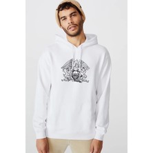Qivi Bohemıan Rhapsody Logo Baskılı Beyaz Erkek Örme Kapşonlu Sweatshirt Uzun Kol