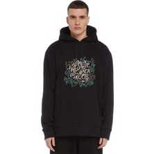 Qivi Graffiti Letter Baskılı Siyah Erkek Örme Kapşonlu Sweatshirt Uzun Kol