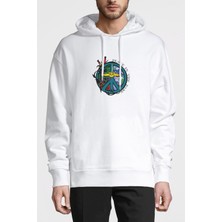 Qivi Mother Earth Peace In The Park Baskılı Beyaz Erkek Örme Kapşonlu Sweatshirt Uzun Kol