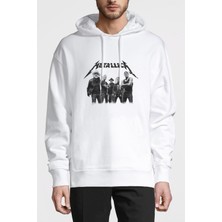 Qivi Metallica Grup Baskılı Beyaz Erkek Örme Kapşonlu Sweatshirt Uzun Kol