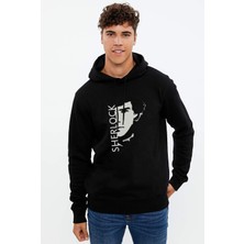 Qivi Sherlock Sherlock & Face Baskılı Siyah Erkek Örme Kapşonlu Sweatshirt Uzun Kol