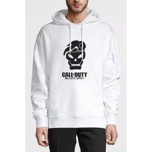 Qivi Call Of Duty4 Baskılı Beyaz Erkek Örme Kapşonlu Sweatshirt Uzun Kol