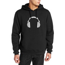 Qivi Kulaklık Baskılı Siyah Erkek Örme Kapşonlu Sweatshirt Uzun Kol