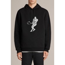 Qivi Silhouette Tennis Baskılı Siyah Erkek Örme Kapşonlu Sweatshirt Uzun Kol