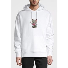 Qivi Gri Kedi Illüstrasyon Siyam Kedisi Kitten Baskılı Beyaz Erkek Örme Kapşonlu Sweatshirt Uzun Kol