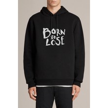 Qivi Born To Lose Baskılı Siyah Erkek Örme Kapşonlu Sweatshirt Uzun Kol