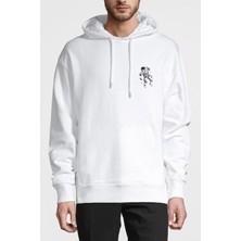 Qivi Astronot Uzay Boşluğu Göğüs Baskılı Beyaz Erkek Örme Kapşonlu Sweatshirt Uzun Kol