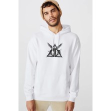Qivi H P The Deathly Baskılı Beyaz Erkek Örme Kapşonlu Sweatshirt Uzun Kol
