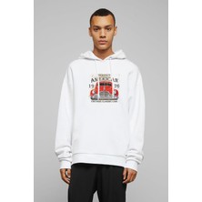 Qivi Amerikan Eski Model Klasik Araba Tabela Baskılı Beyaz Erkek Örme Kapşonlu Sweatshirt Uzun Kol