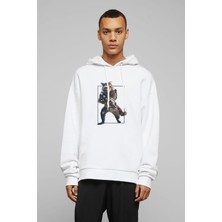 Qivi Rakun Rocket Baskılı Beyaz Erkek Örme Kapşonlu Sweatshirt Uzun Kol