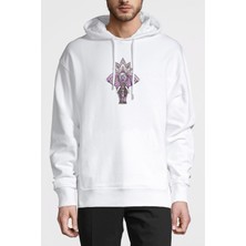 Qivi Zentangle Elephants Eflatun Fil Baskılı Beyaz Erkek Örme Kapşonlu Sweatshirt Uzun Kol