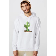 Qivi Kaktüs Cactus Baskılı Beyaz Erkek Örme Kapşonlu Sweatshirt Uzun Kol