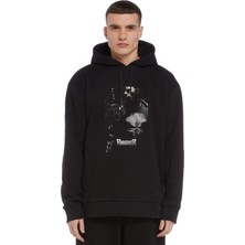 Qivi The Punisher Baskılı Siyah Erkek Örme Kapşonlu Sweatshirt Uzun Kol