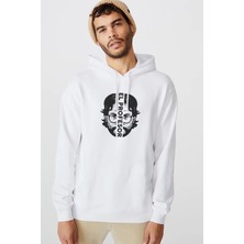 Qivi La Case De Papel El Profesor Baskılı Beyaz Erkek Örme Kapşonlu Sweatshirt Uzun Kol