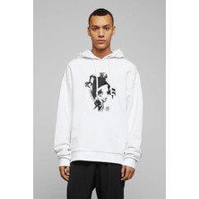 Qivi Samurai Jack Baskılı Beyaz Erkek Örme Kapşonlu Sweatshirt Uzun Kol