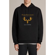 Qivi G O T House Hornwood Baskılı Siyah Erkek Örme Kapşonlu Sweatshirt Uzun Kol