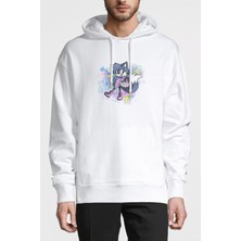Qivi Cat Illustration Computer Lovely Prawn Baskılı Beyaz Erkek Örme Kapşonlu Sweatshirt Uzun Kol