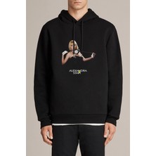 Qivi Alexandra Stan Baskılı Siyah Erkek Örme Kapşonlu Sweatshirt Uzun Kol