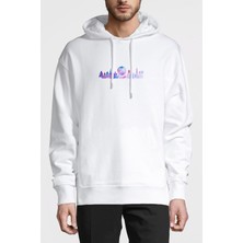 Qivi Silhouette Orlando Future Theme Park Baskılı Beyaz Erkek Örme Kapşonlu Sweatshirt Uzun Kol