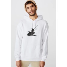 Qivi Silhouette Samurai Baskılı Beyaz Erkek Örme Kapşonlu Sweatshirt Uzun Kol