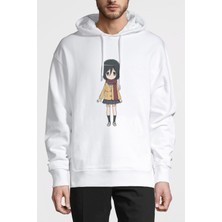 Qivi Anime Attack On Titan Baskılı Beyaz Erkek Örme Kapşonlu Sweatshirt Uzun Kol