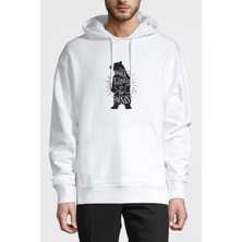 Qivi Bear Ayı Baskılı Beyaz Erkek Örme Kapşonlu Sweatshirt Uzun Kol