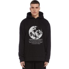 Qivi Stranger Things Bikes World Baskılı Siyah Erkek Örme Kapşonlu Sweatshirt Uzun Kol