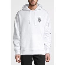 Qivi Astronot Uzay Boşluğu Göğüs Baskılı Beyaz Erkek Örme Kapşonlu Sweatshirt Uzun Kol