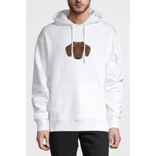 Qivi Dog Head Köpek Baskılı Beyaz Erkek Örme Kapşonlu Sweatshirt Uzun Kol