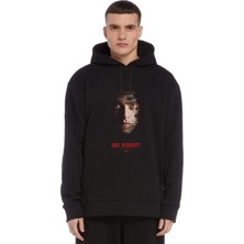 Qivi Mr Robot Baskılı Siyah Erkek Örme Kapşonlu Sweatshirt Uzun Kol