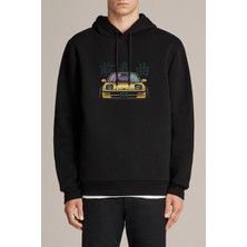 Qivi Araba H 1988 Baskılı Siyah Erkek Örme Kapşonlu Sweatshirt Uzun Kol