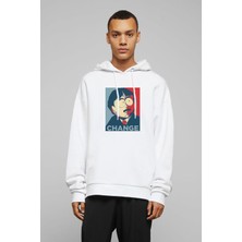 Qivi South Park Change Baskılı Beyaz Erkek Örme Kapşonlu Sweatshirt Uzun Kol