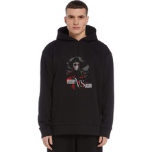 Qivi Freddy Vs Jason Baskılı Siyah Erkek Örme Kapşonlu Sweatshirt Uzun Kol