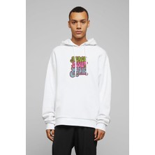 Qivi Peace Love Musıc Rock Baskılı Beyaz Erkek Örme Kapşonlu Sweatshirt Uzun Kol