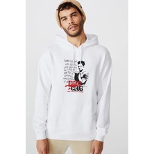 Qivi Fıght Club Our Great Baskılı Beyaz Erkek Örme Kapşonlu Sweatshirt Uzun Kol