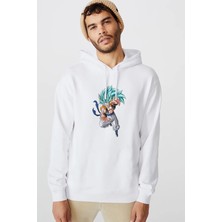 Qivi Anime Dragon Ball Z Son Goku Baskılı Beyaz Erkek Örme Kapşonlu Sweatshirt Uzun Kol