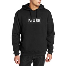 Qivi Muse Logo Baskılı Siyah Erkek Örme Kapşonlu Sweatshirt Uzun Kol