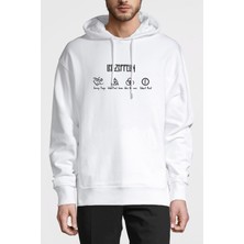 Qivi LED Zeppelin Baskılı Beyaz Erkek Örme Kapşonlu Sweatshirt Uzun Kol