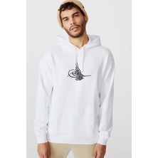 Qivi Tuğrası Ottoman Tughra Osmanli Tugrasi Logo Baskılı Beyaz Erkek Örme Kapşonlu Sweatshirt Uzun Kol