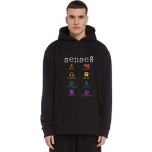 Qivi Sense8 Minimalist Symbols & Name Colour Baskılı Siyah Erkek Örme Kapşonlu Sweatshirt Uzun Kol