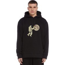 Qivi Astronot Cleaner Baskılı Siyah Erkek Örme Kapşonlu Sweatshirt Uzun Kol