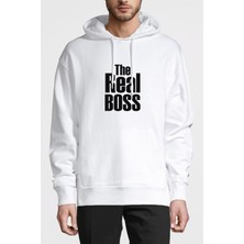 Qivi The Real Boss Baskılı Beyaz Erkek Örme Kapşonlu Sweatshirt Uzun Kol