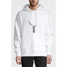 Qivi Astronot Aya Asılı Astronot Baskılı Beyaz Erkek Örme Kapşonlu Sweatshirt Uzun Kol
