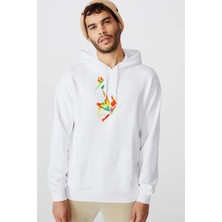 Qivi Silhouette Football Bicycle Kick Baskılı Beyaz Erkek Örme Kapşonlu Sweatshirt Uzun Kol
