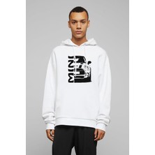 Qivi Araba Mini Baskılı Beyaz Erkek Örme Kapşonlu Sweatshirt Uzun Kol