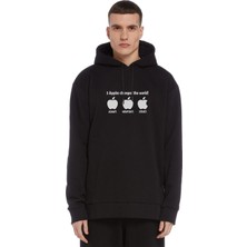 Qivi 3 Apples Changed Baskılı Siyah Erkek Örme Kapşonlu Sweatshirt Uzun Kol
